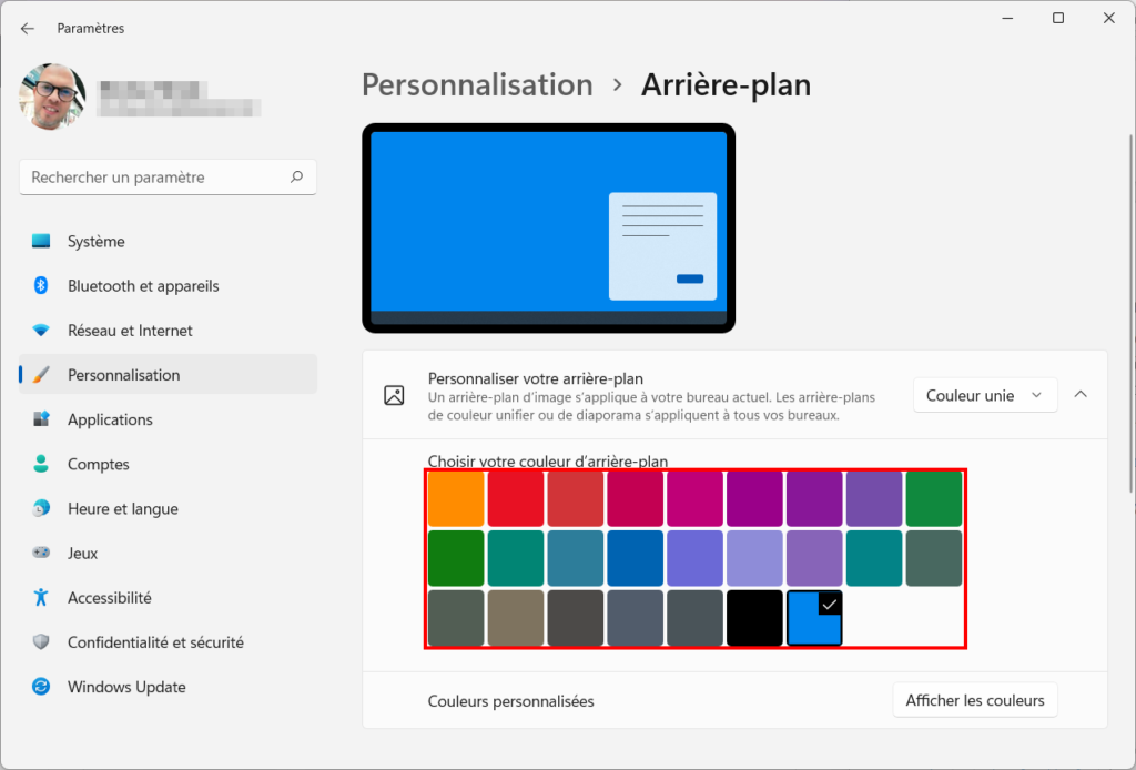 Windows 11 Personnaliser thème - couleurs unies fond d'écran