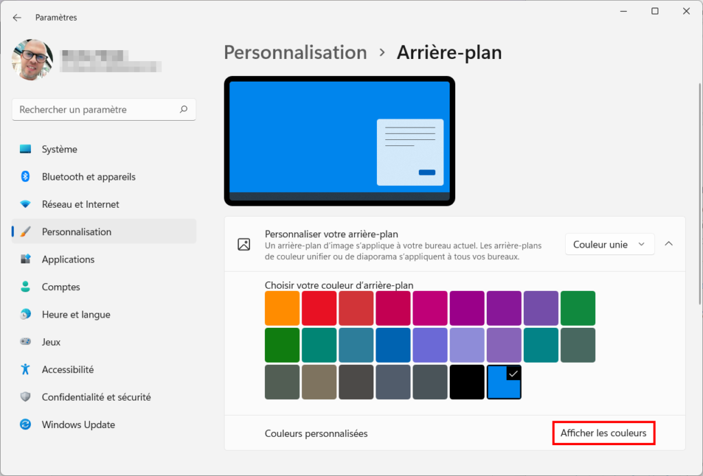 Windows 11 Personnaliser thème - Afficher les couleurs