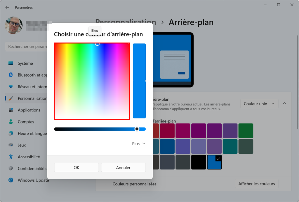 Windows 11 Personnaliser thème - Nuancier de couleurs