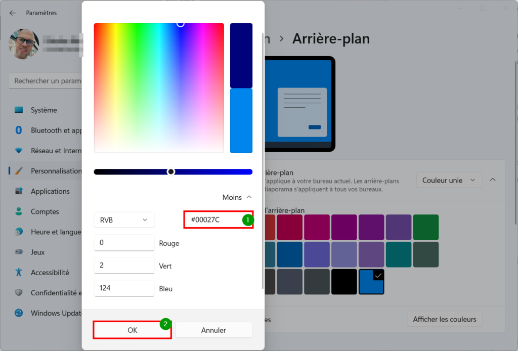Windows 11 Personnaliser thème - Code couleur HTML Le Crabe Info et OK