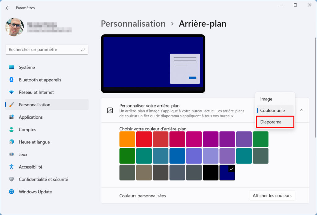 Windows 11 Personnaliser thème - Diaporama