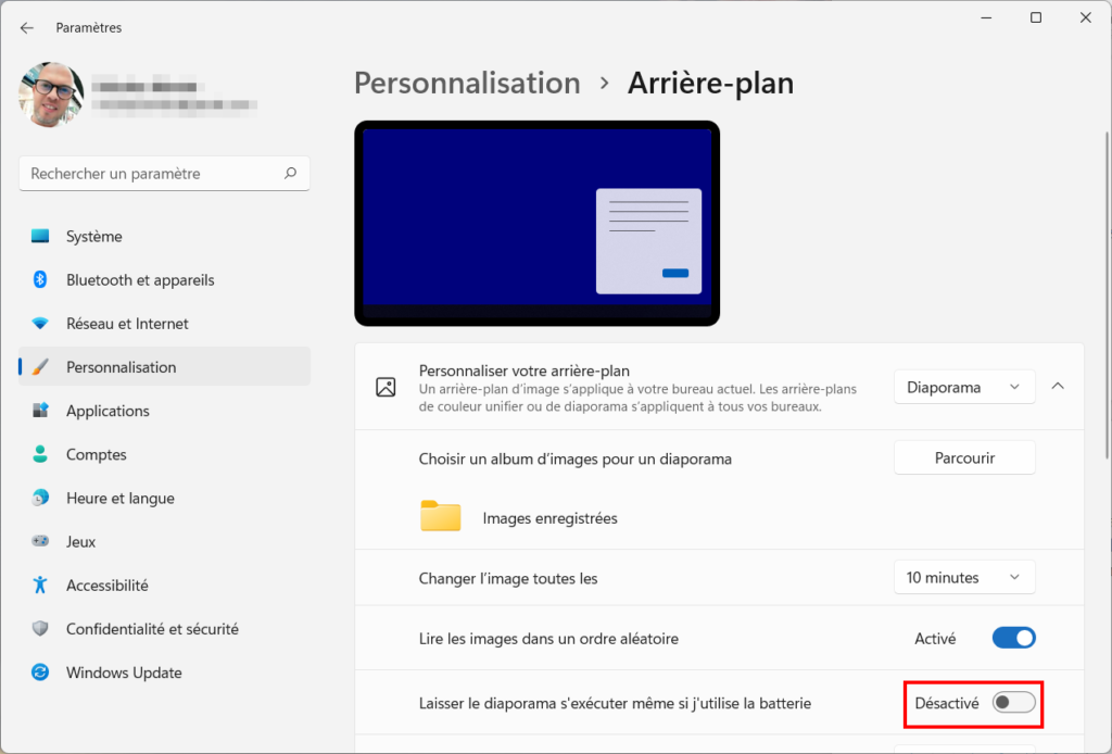 Windows 11 Personnaliser thème - Utiliser diaporama sur batterie