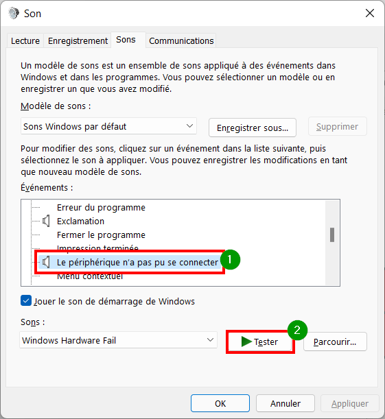Windows 11 Personnaliser thème - Tester le son d'un évènement
