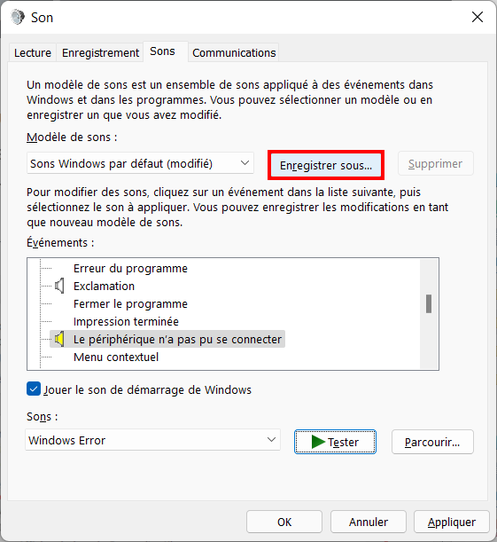 Windows 11 Personnaliser thème - Modèle son Enregistrer sous