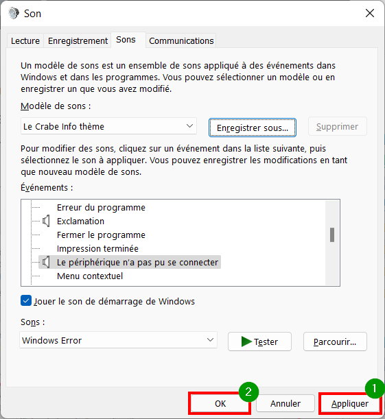 Windows 11 Personnaliser thème - Appliquer nouveau modèle son et OK