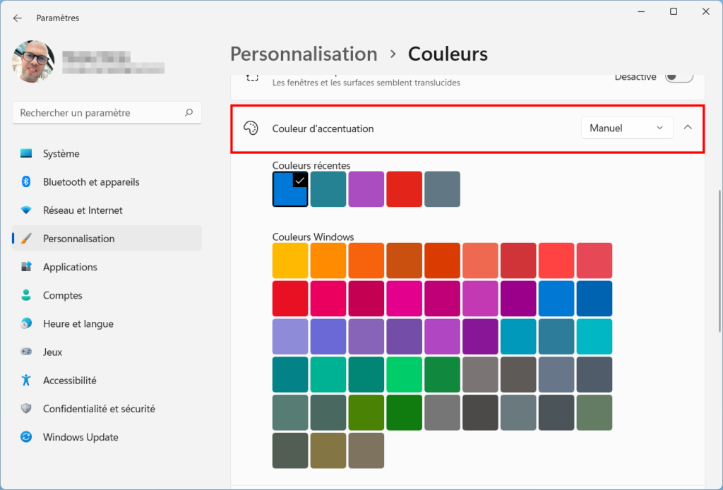 Windows 11 Personnaliser thème - Couleur d'accentuation