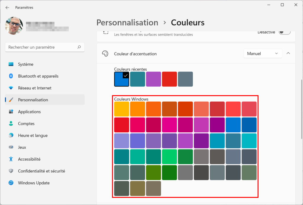 Windows 11 Personnaliser thème - Palette couleurs d'accentuation