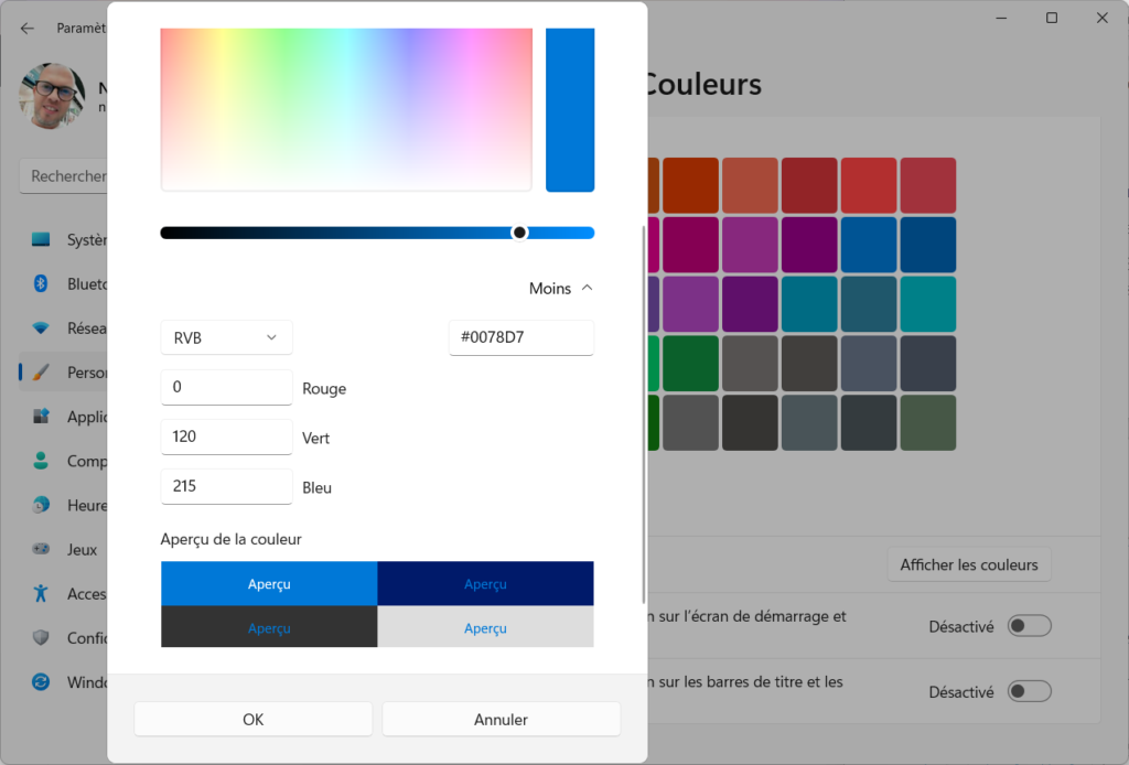 Windows 11 Personnaliser thème - Autres couleurs accentuation HTML RVB