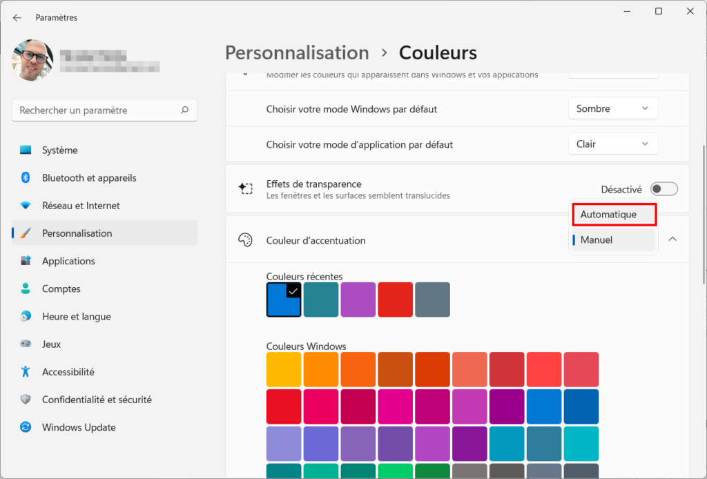Windows 11 Personnaliser thème - Couleur accentuation automatique