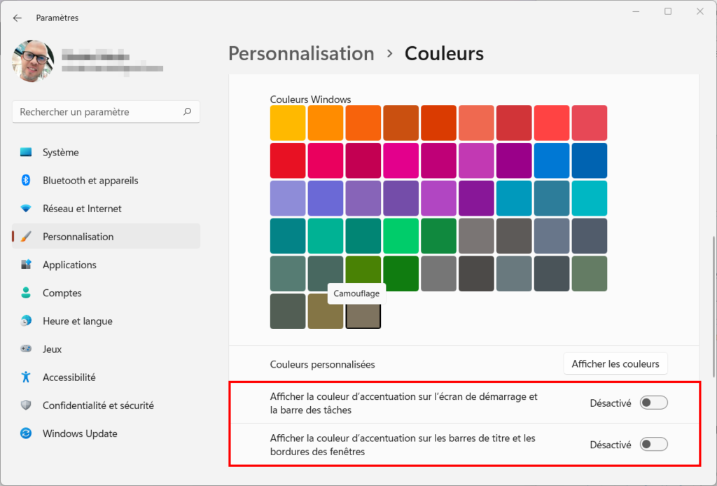Windows 11 Personnaliser thème - Couleur accentuation sur écran démarrage barre des tâches