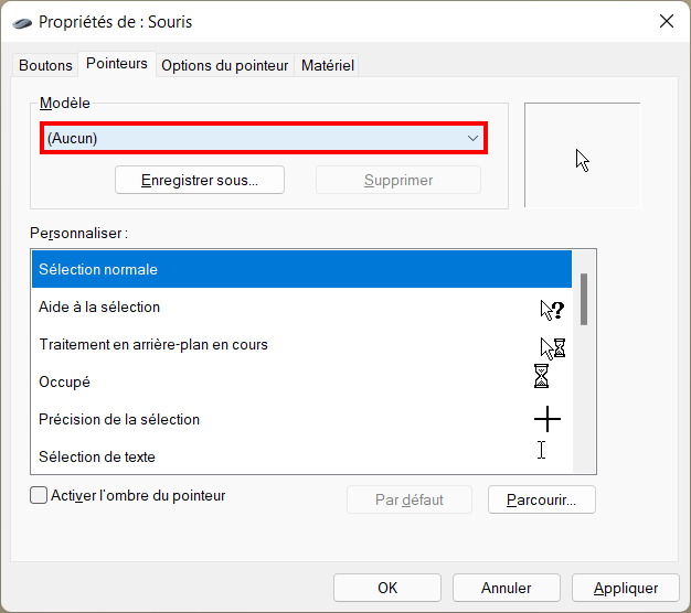 Windows 11 Personnaliser thème - Modèle curseur de souris