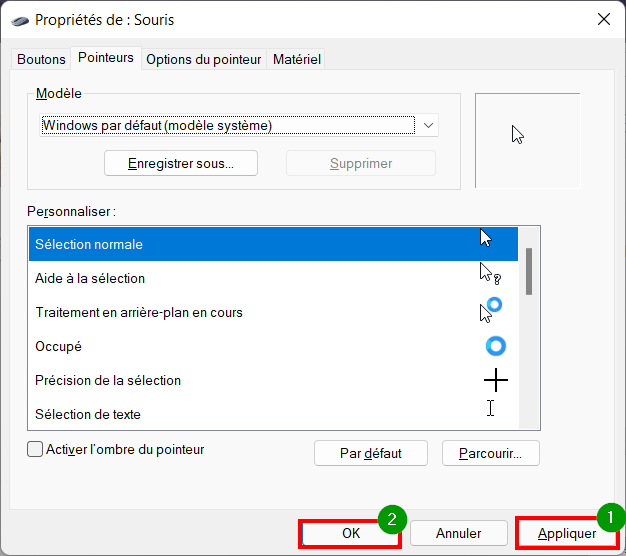Windows 11 Personnaliser thème - Appliquer nouveau modèle de curseur de souris