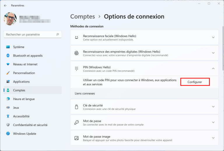 Windows 11 configurer Windows Hello (code PIN, empreinte digitale