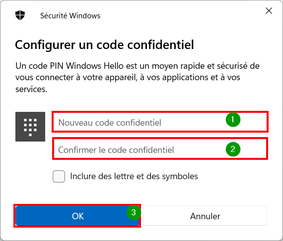 Windows 11 Windows Hello - code confidentiel