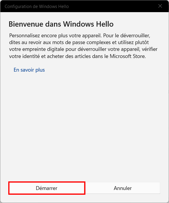 Windows 11 Windows Hello - démarrer configuration empreinte digitale
