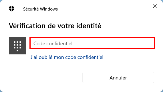 Windows 11 Windows Hello - taper code confidentiel