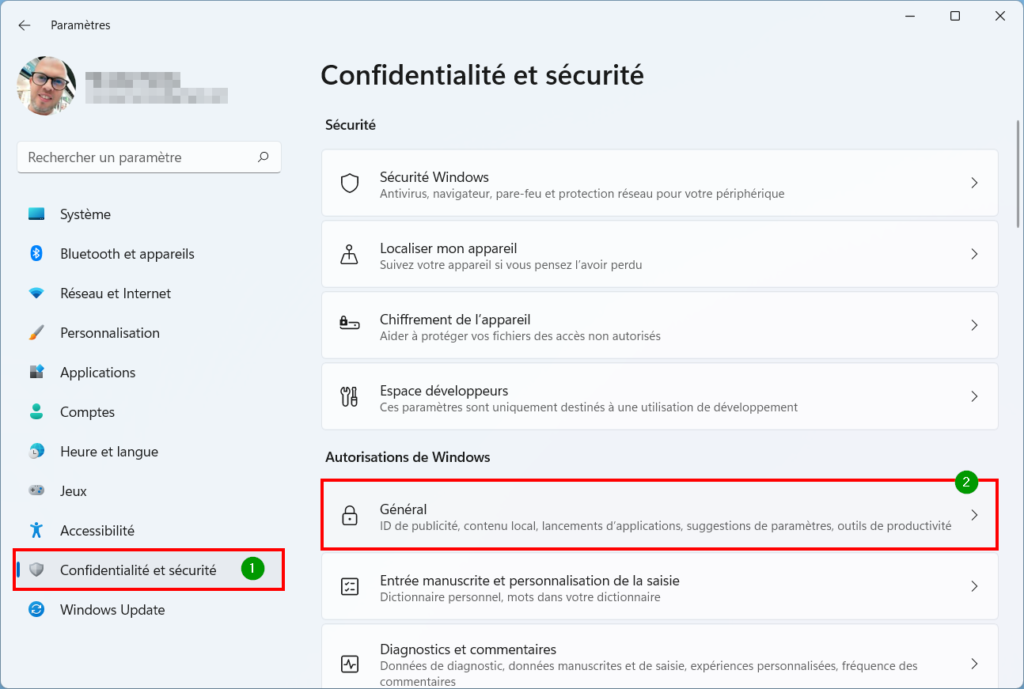 Tableau de confidentialité - Windows 11 Paramètres Confidentialité Général