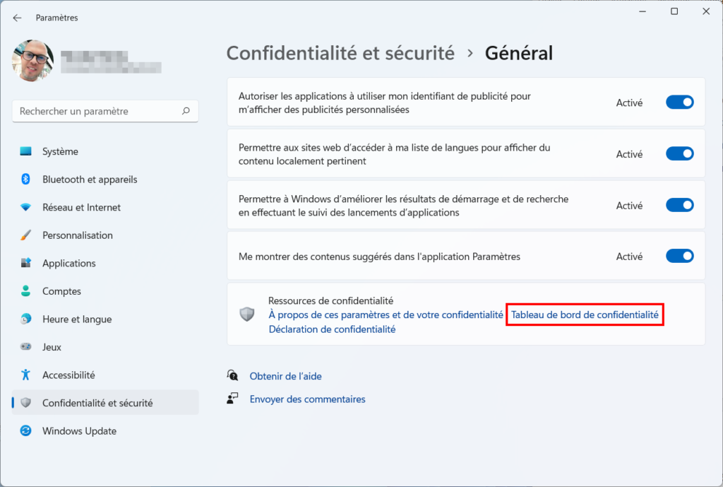 Tableau de confidentialité - Tableau de bord de confidentialté Windows 11