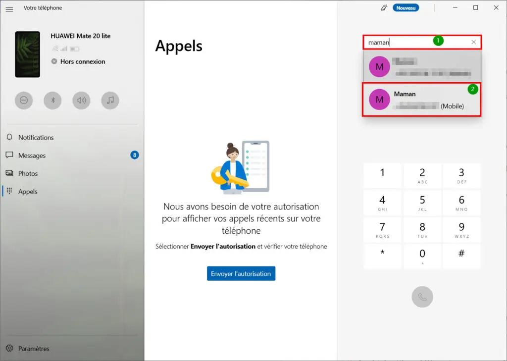 Mobile connecté Appels - sélectionner un contact