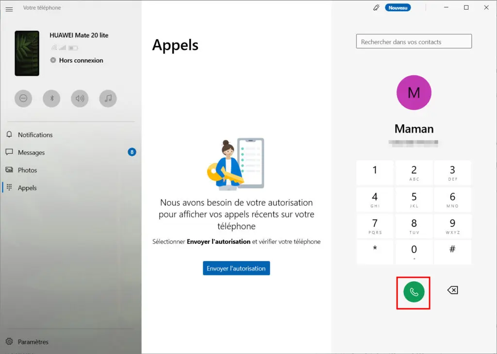 Mobile connecté Appels - appeler le contact sélectionné