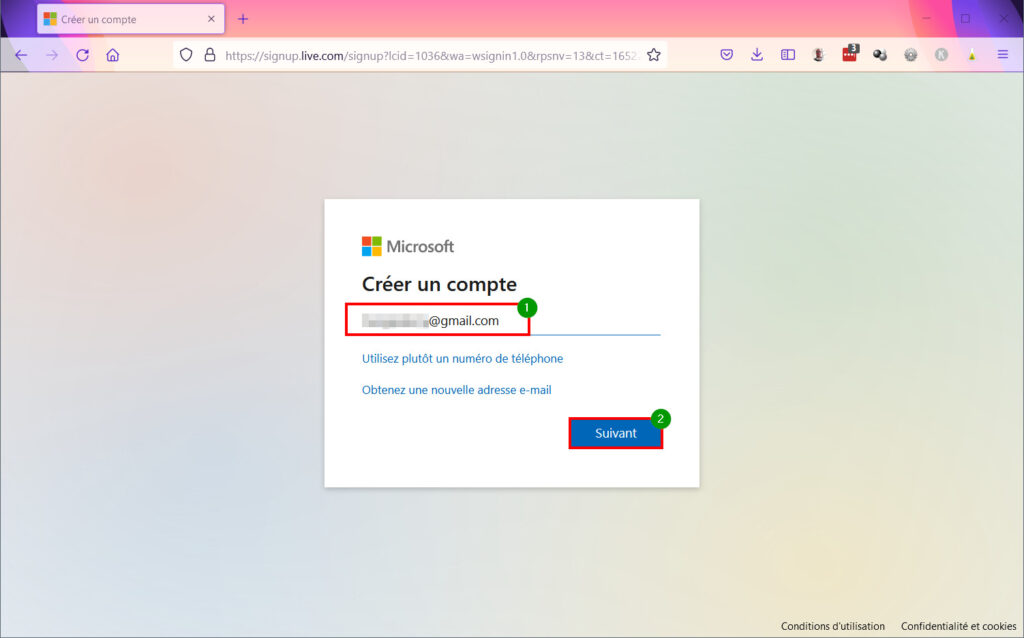 Créer compte Microsoft - Adresse mail