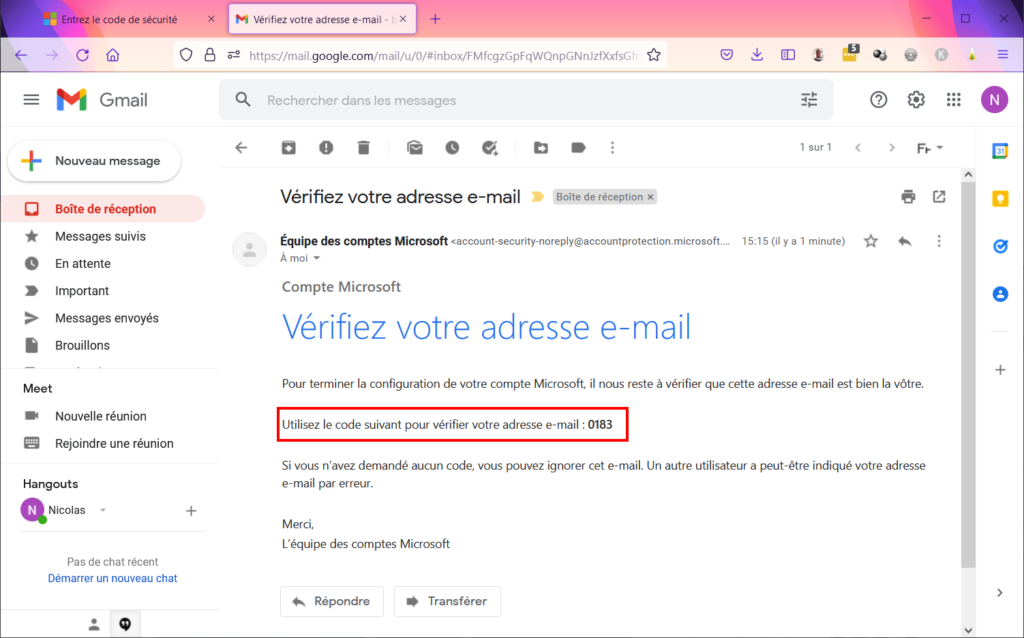 Créer compte Microsoft - Récupérer code sécurité dans mail