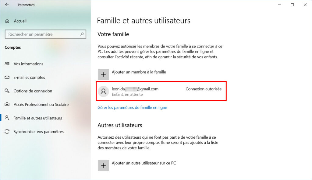 Windows 10 Contrôle parental - Compte utilisateur enfant en place