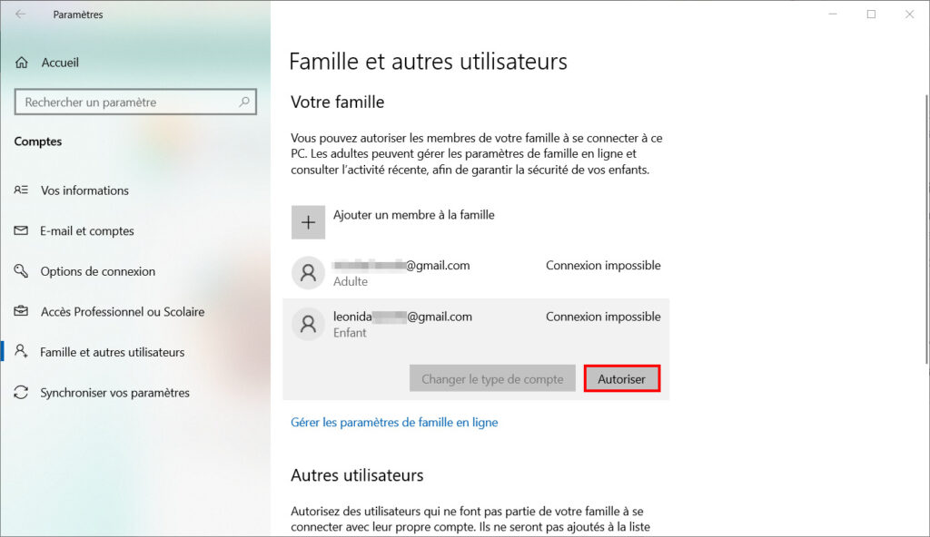 Windows 10 Contrôle parental - Autoriser connexion enfant 1ère fois