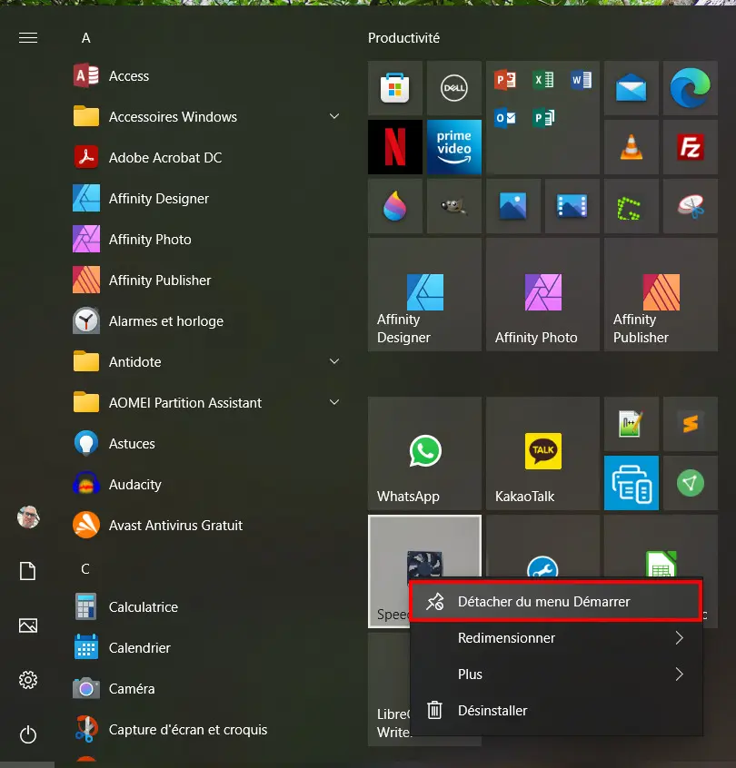 Windows 10 Menu Démarrer - Détacher du menu Démarrer