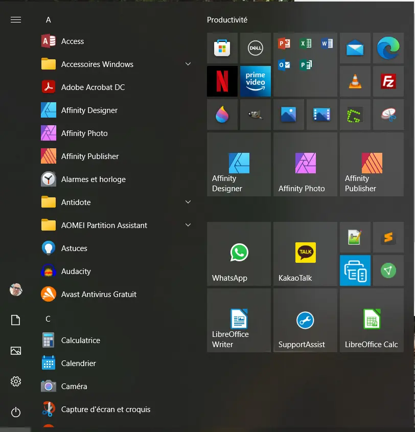 Windows 10 Menu Démarrer - Application détachée