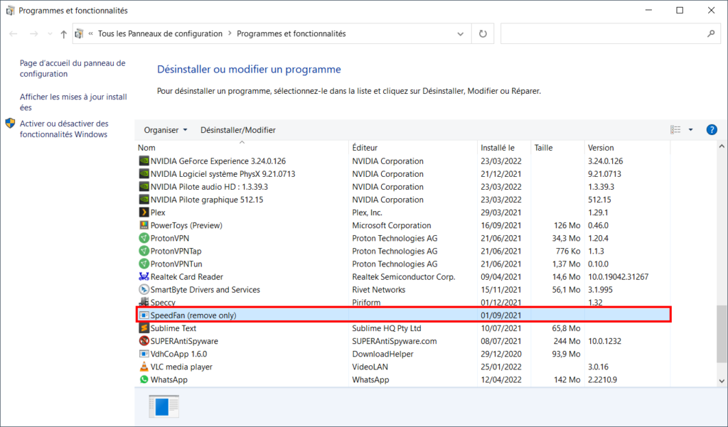 Windows 10 Menu Démarrer - Sélectionner application dans programmes et fonctionnalités