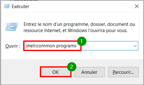 Windows 10 Menu Démarrer - Exécuter, commande et OK