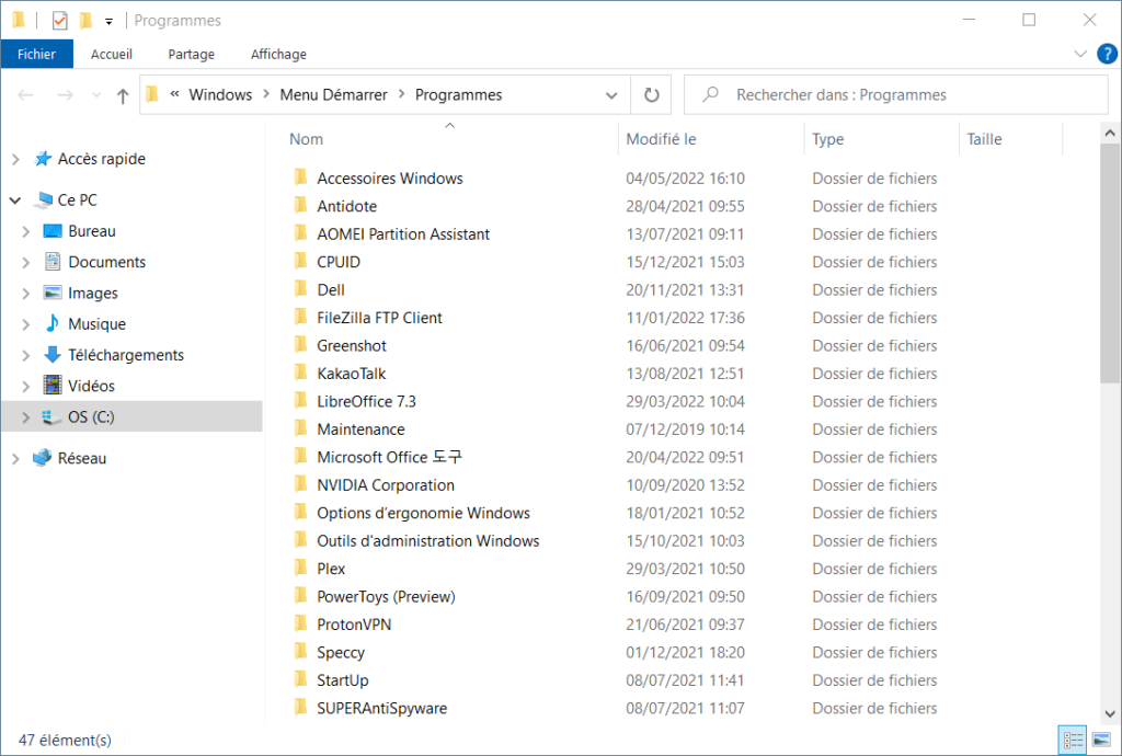 Windows 10 Menu Démarrer - Programmes menu Démarrer dans Explorateur