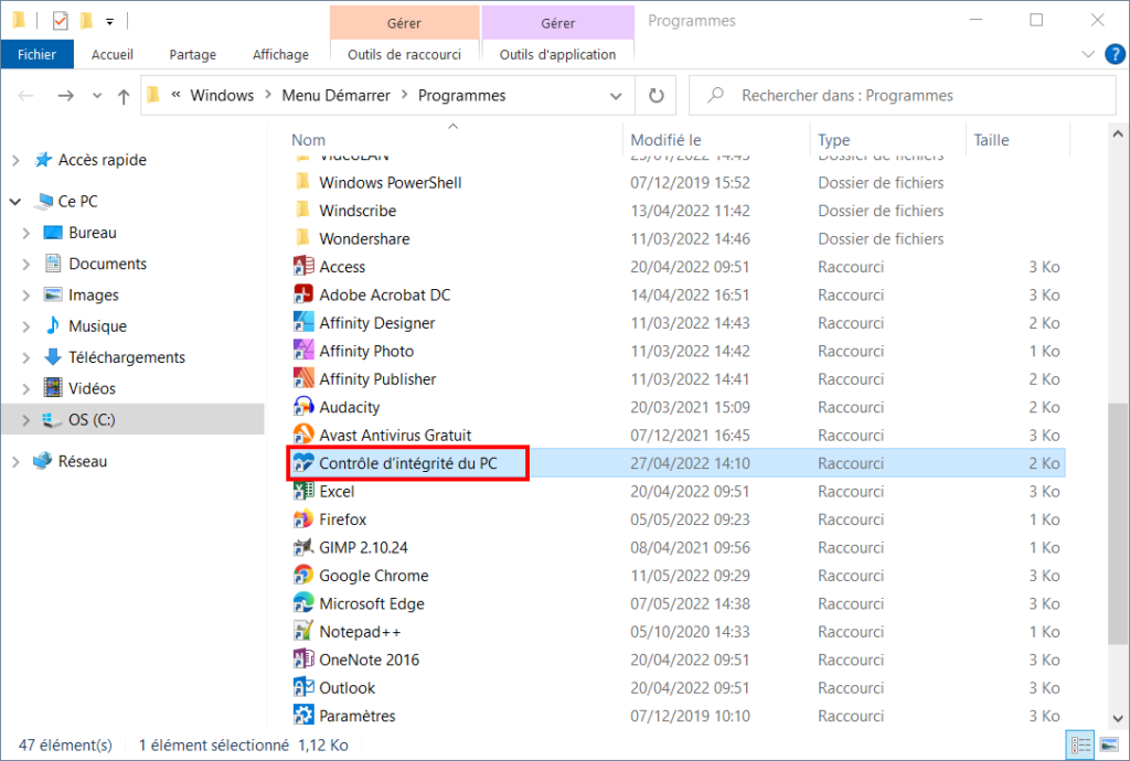 Windows 10 Menu Démarrer - Sélectionner raccourci