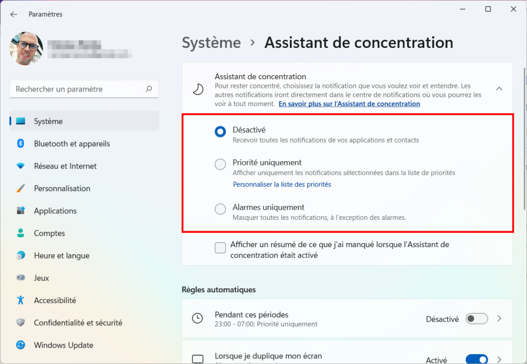 Windows 11 Assistant concentration - Fenêtre activation assistant