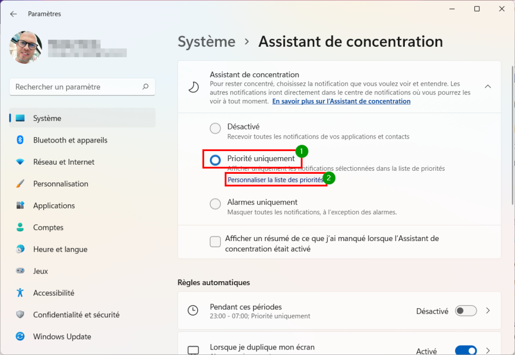 Windows 11 Assistant concentration - Priorité uniquement et Personnaliser liste