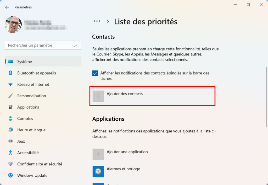 Windows 11 Assistant concentration - Ajouter contact