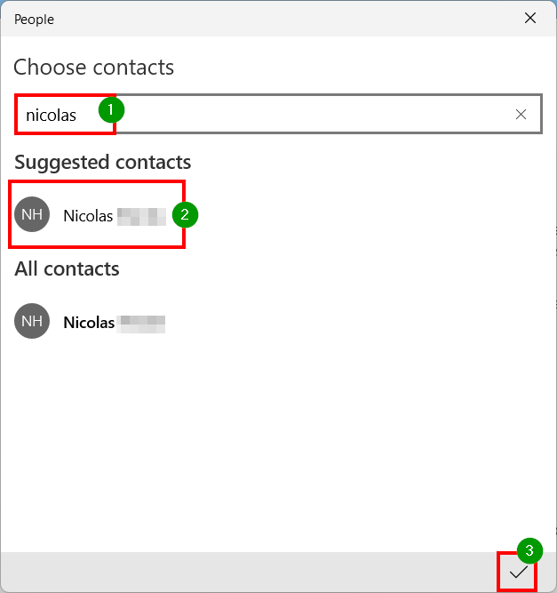 Windows 11 Assistant concentration - Nom contact Sélectionner Valider