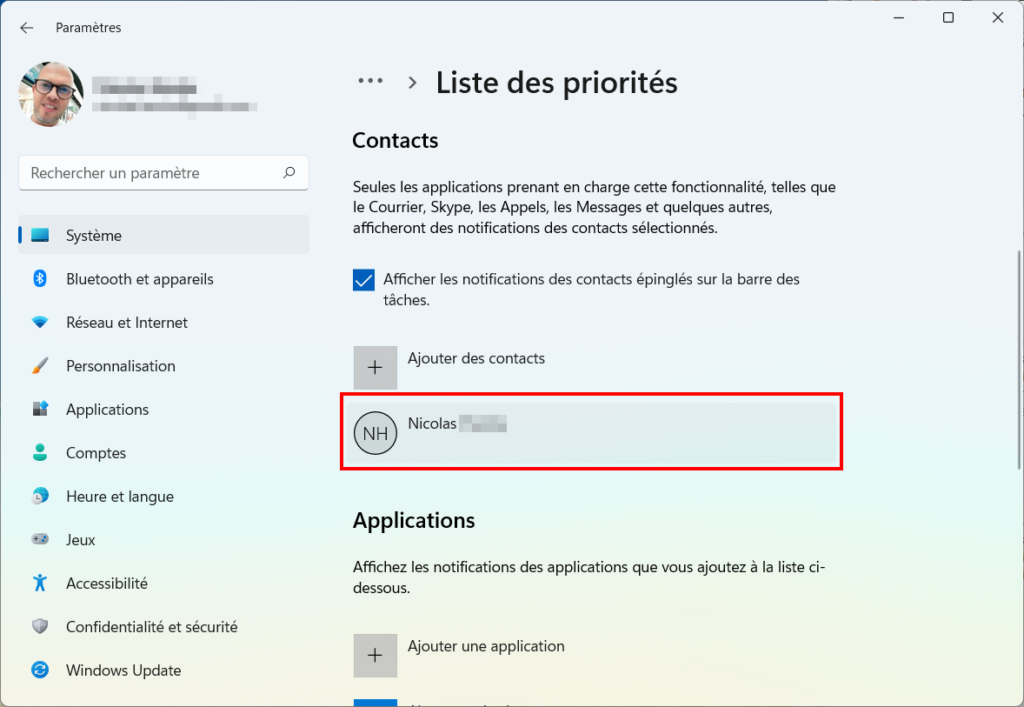 Windows 11 Assistant concentration - Apparition nom contact