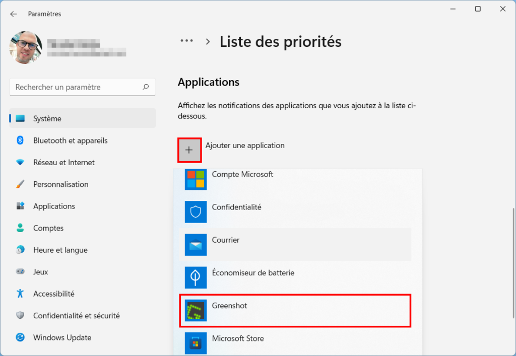 Windows 11 Assistant concentration - Sélectionner application à supprimer de la liste priorité
