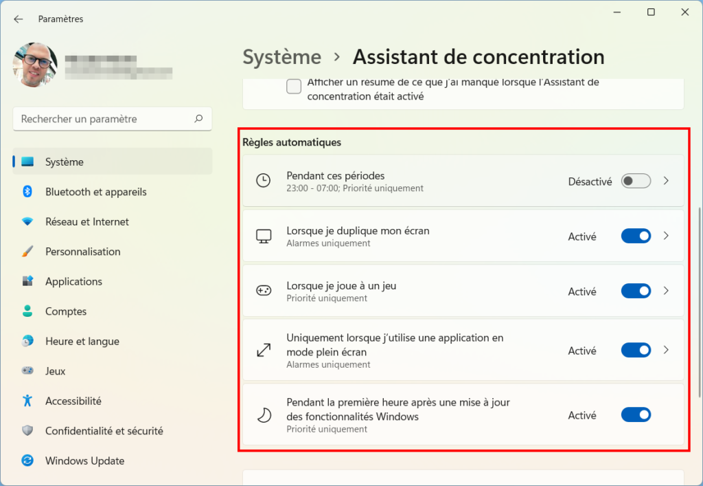 Windows 11 Assistant concentration - Règles automatiques activation