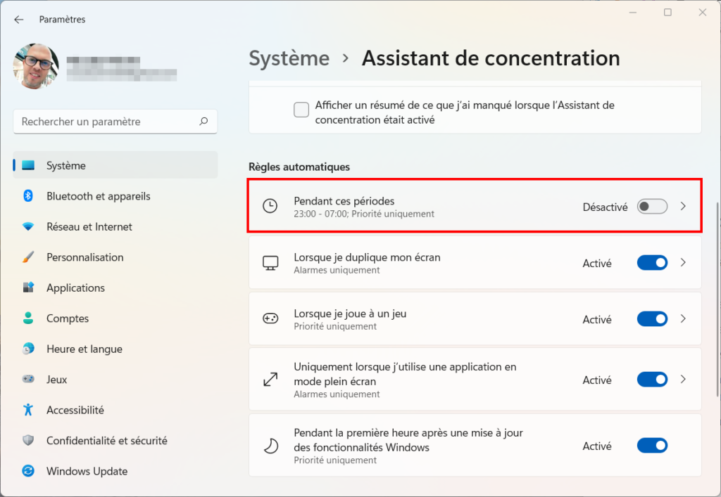 Windows 11 Assistant concentration - Pendant ces périodes