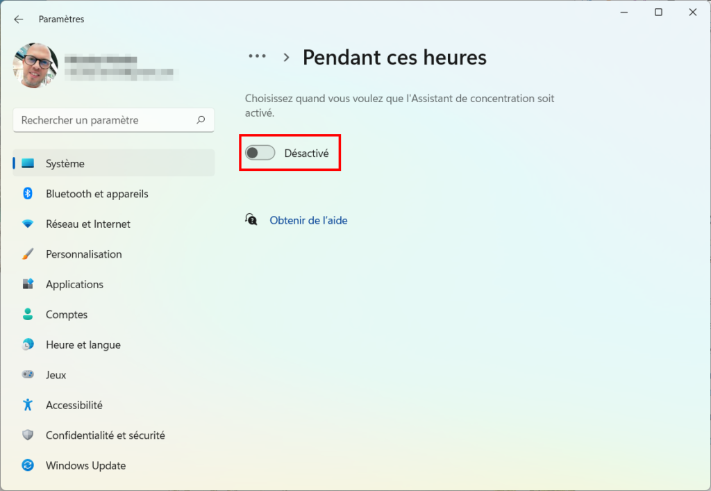 Windows 11 Assistant concentration - Activer règle pendant ces périodes