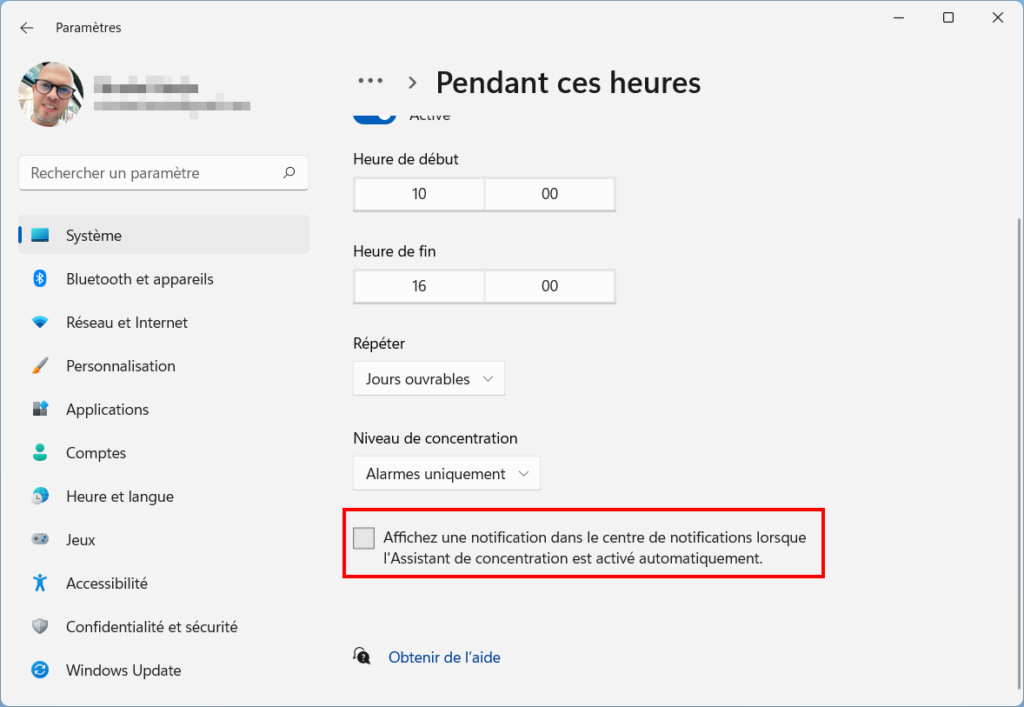 Windows 11 Assistant concentration - Affichage activation automatique