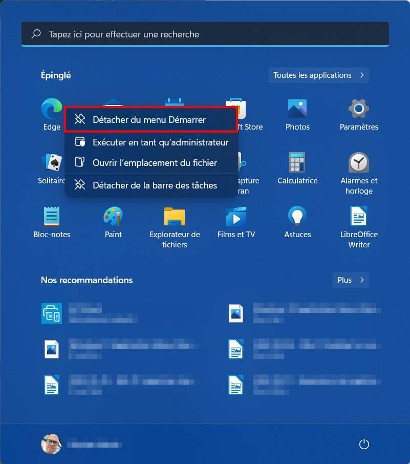 Windows 11 Supprimer application menu Démarrer - Menu contextuel Détacher