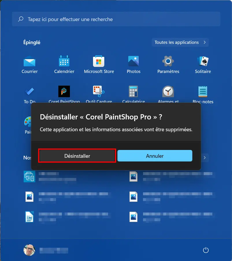 Windows 11 Supprimer application menu Démarrer - Confirmer désinstaller