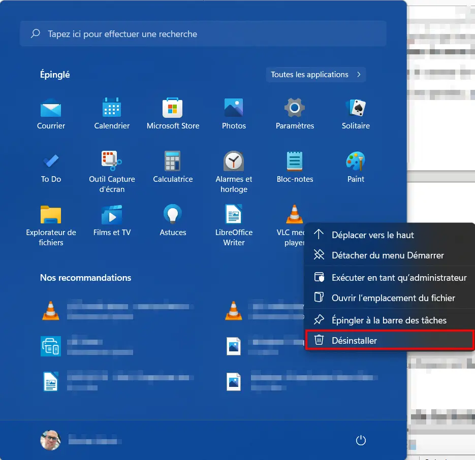 Windows 11 Supprimer application menu Démarrer - Désinstaller logiciel