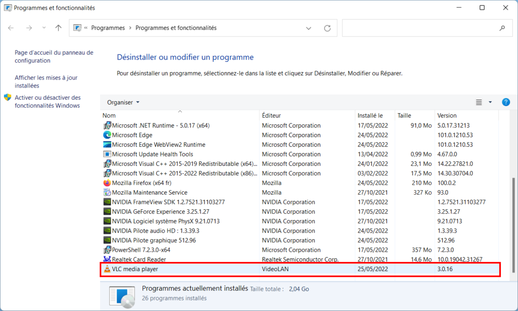Windows 11 Supprimer application menu Démarrer - Programmes et fonctionnalités VLC