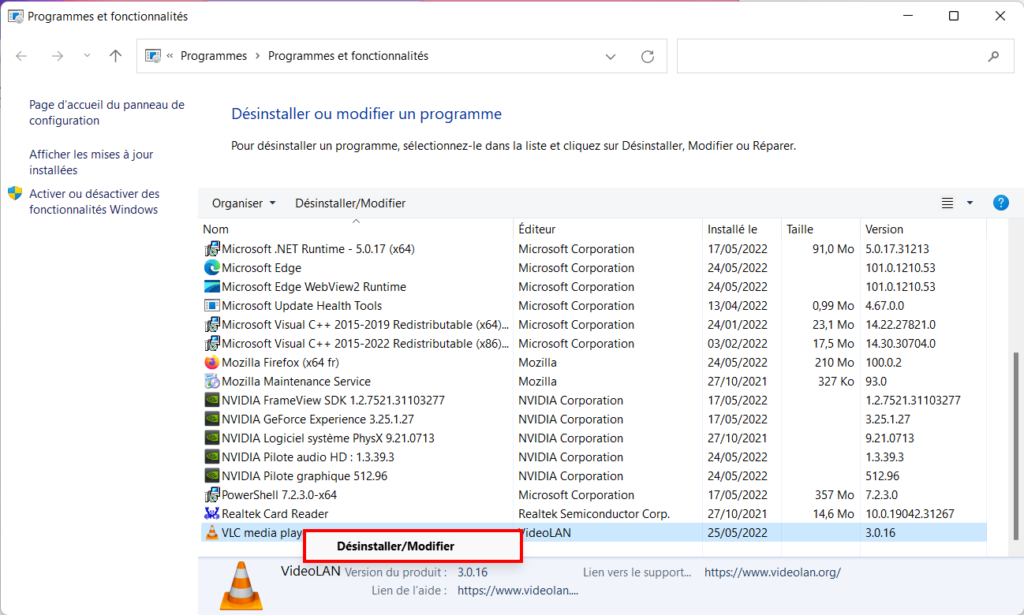 Windows 11 Supprimer application menu Démarrer - Désinstaller/Modifier application