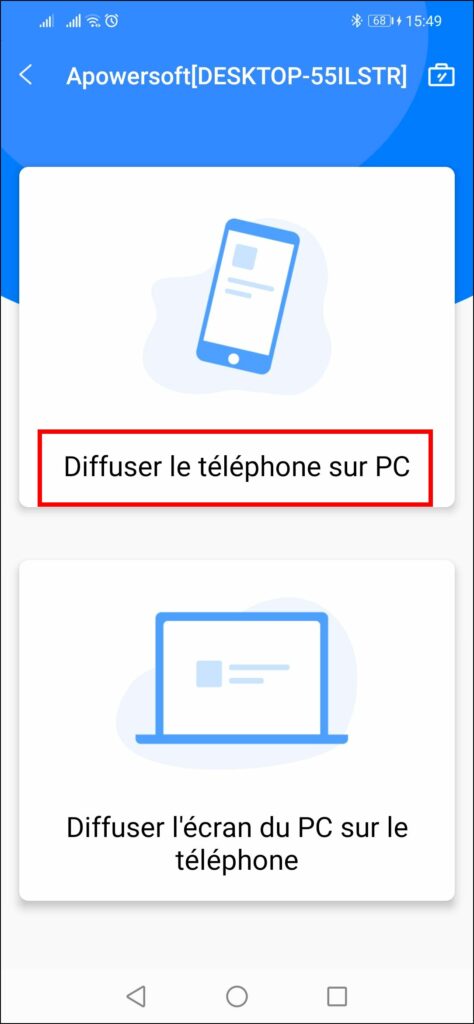 Afficher smartphone sur PC - Choisir Dissufer le téléphone sur PC
